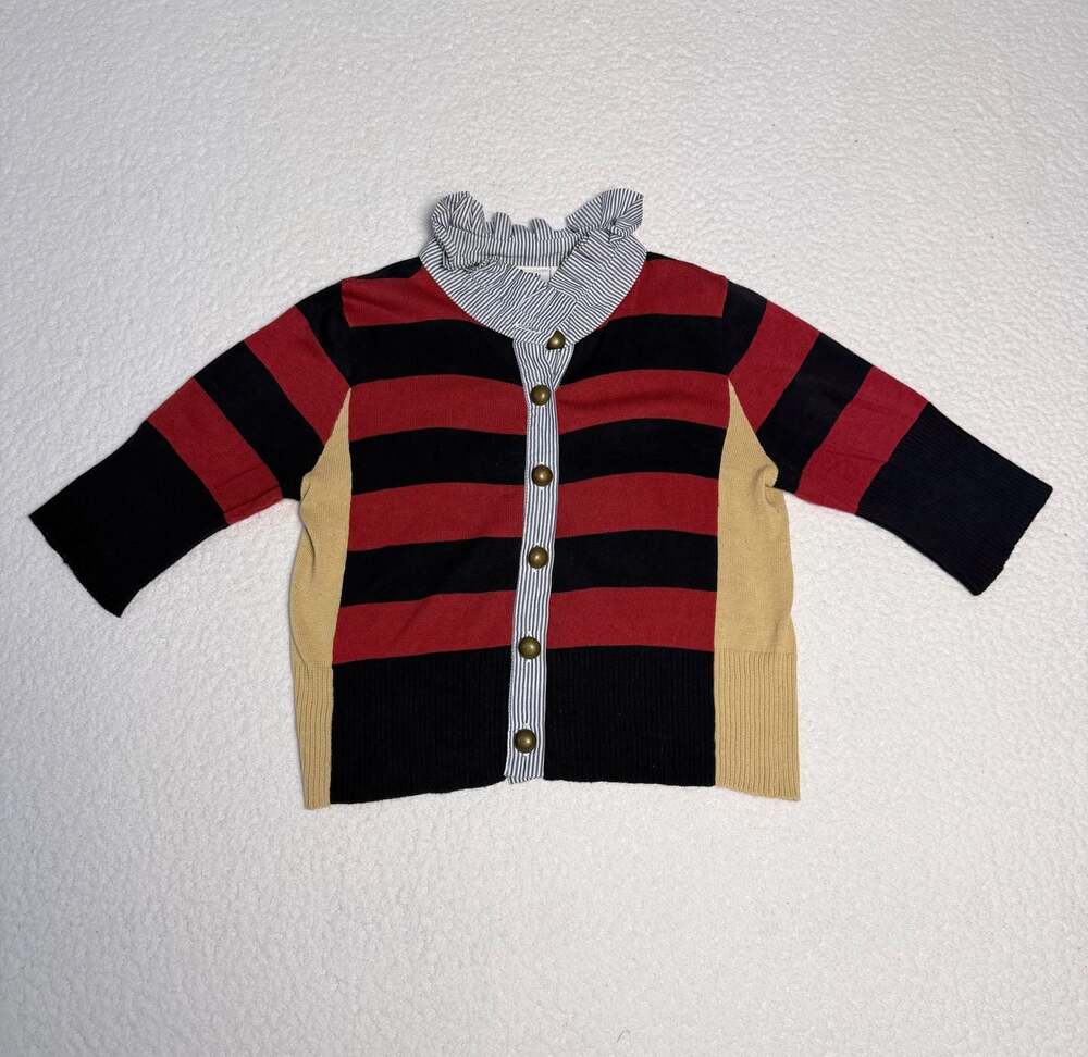 Ivu Jane Striped Alligator Patch Ruffle Collar Cardigan Sweater Size XS